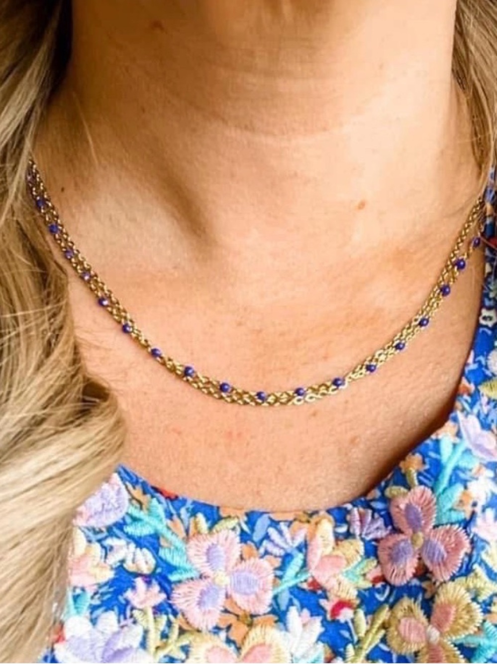 Plunder Gold Layered Necklace with Blue Sapphire Colored Beads 3 Piece Set - Picture 8 of 10